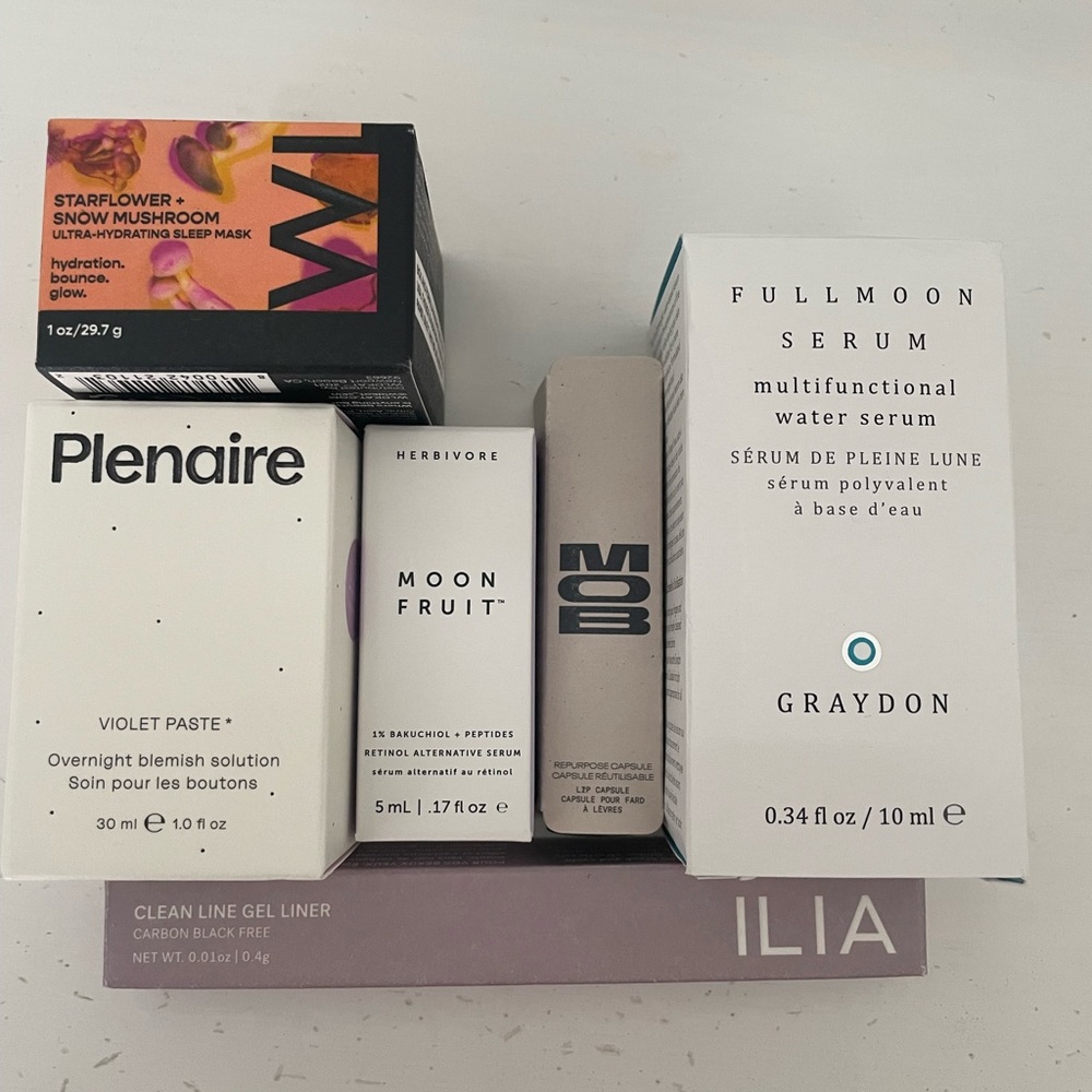 Bundle of brand new, unopened clean skincare/makeup, plus tote bag.